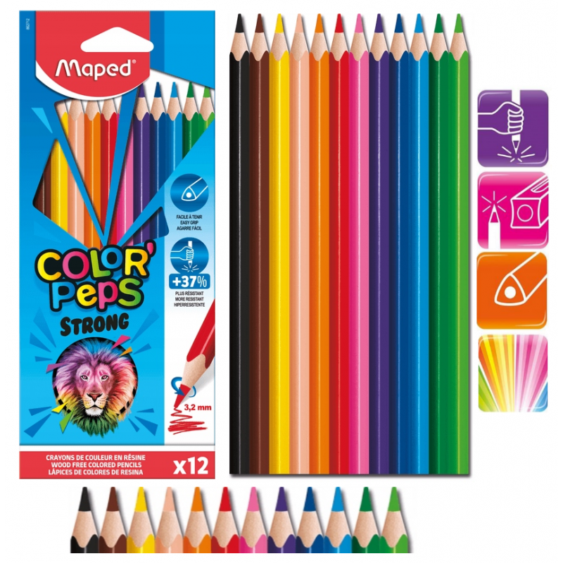 Kredki szkolne trójkątne 12 kolorów Maped ColorPeps Strong