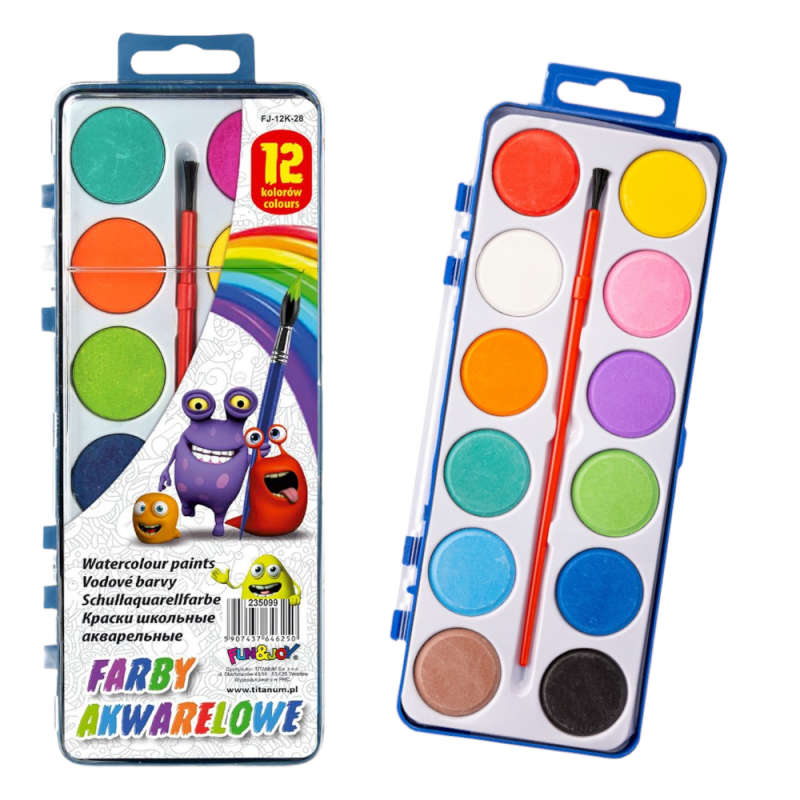 Farby akwarelowe farbki akwarele szkolne paletka + pędzelek 12 kolorów Fun&Joy