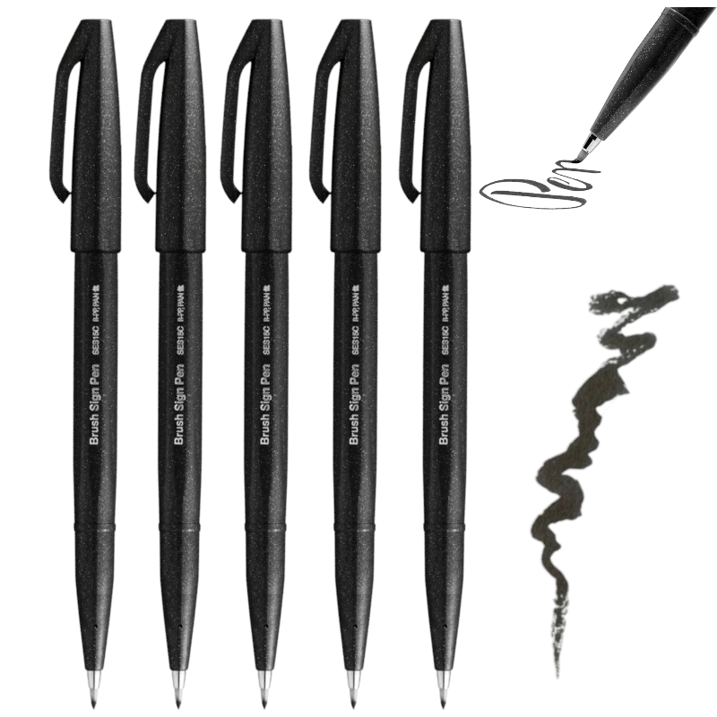 Zestaw pisak do kaligrafii PENTEL BRUSH SIGN PEN 5 sztuk PISAK PĘDZELKOWY czarny