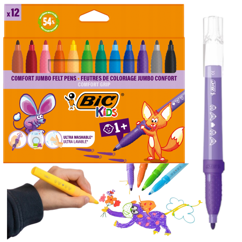 Mazaki pisaki flamastry dla dzieci BIC 12 kolorów szkolne JUMBO grube XXL