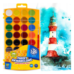 Farby akwarelowe miodowe ASTRA 32 kolory akwarele szkolne etui dla dzieci 25mm