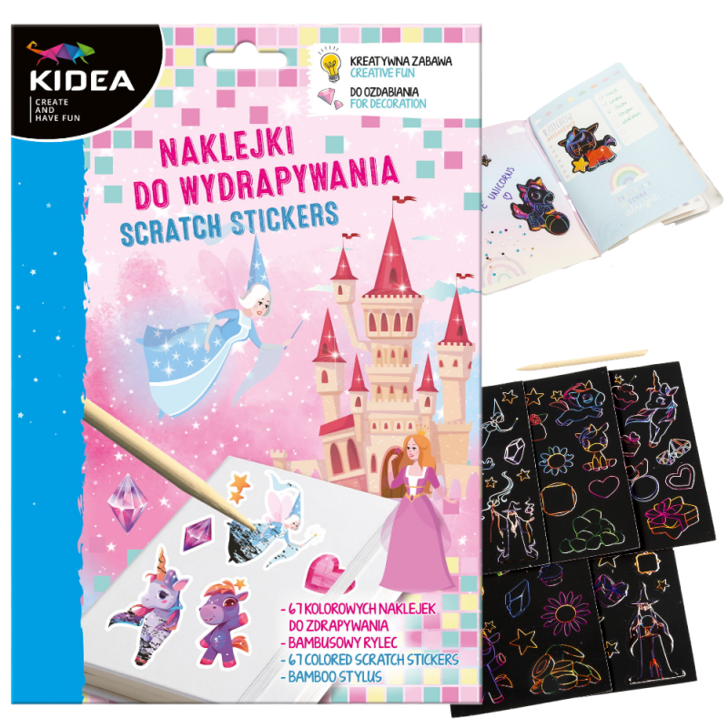 Naklejki do wydrapywania wydrapywanka KIDEA dla dzieci Magiczny Świat zestaw kreatywny
