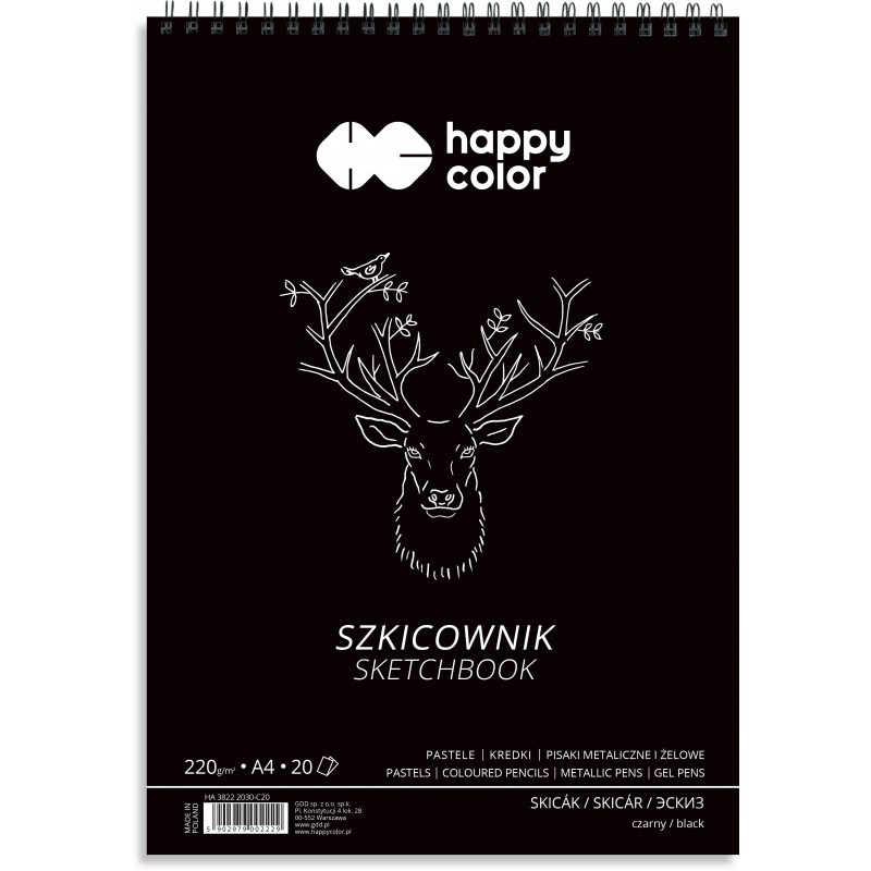 Szkicownik na spirali CZARNY A4, 20 ark, 220g, Happy Color