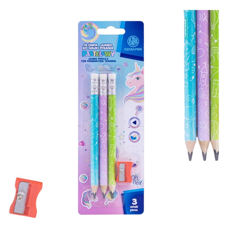 Ołówki do nauki pisania pastelowe HB Jumbo ASTRAPEN UNICORN jednorożec 3 szt. + temperówka