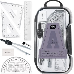 Zestaw geometryczny w pudełku etui 7 elementów cyrkiel rysiki linijka kolor mix ACADEMY Interdruk