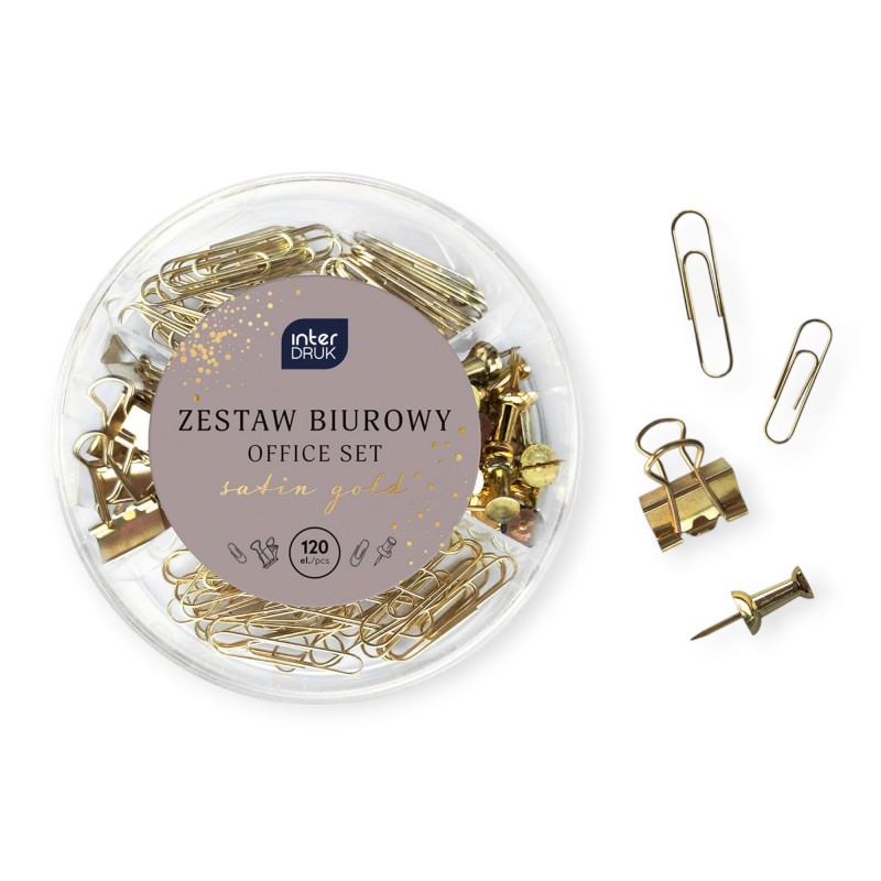 Zestaw Biurowy satin gold -ZŁOTY 120 elementów - spinacze, klipsy, pinezki Interdruk