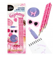 ZESTAW szkolny zapachowy 3 gumki figurki do mazania i 3 ołówki HB MALINOWY SERNIKI Kidea