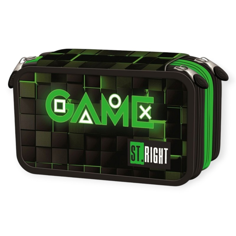 Piórnik z wyposażeniem trzykomorowy szkolny dla chłopca potrójny St. Right GAMER Green Game