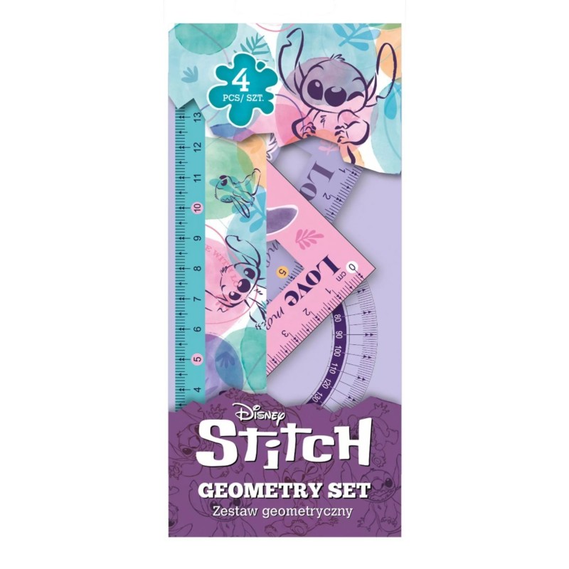 Zestaw geometryczny Stitch Pastelowy: linijka, 2xekierka, kątomierz