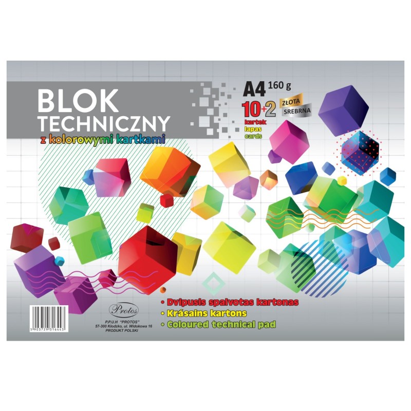 Blok TECHNICZNY A4 KOLOROWY 160g/m2 PROTOS złota srebrna kartka