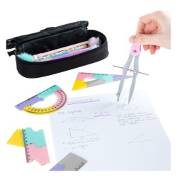 ZESTAW geometryczny dla DZIEWCZYNKI Kidea PUZZLE linijka cyrkiel ekierka kątomierz