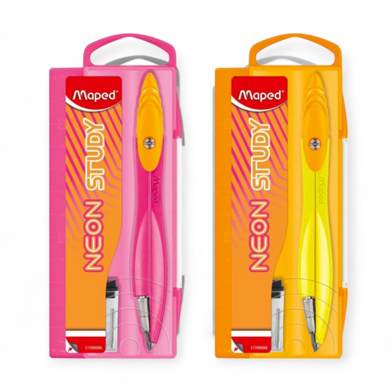 Cyrkiel szkolny Maped Study Neon z wkładami 2mm w etui z linijką, mix kolorów
