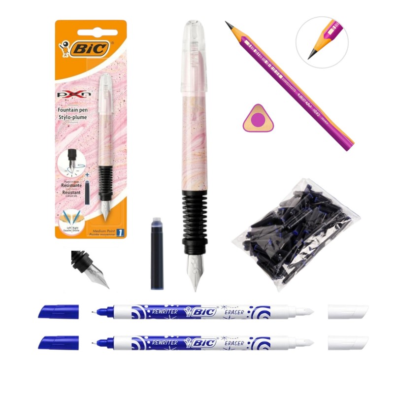 Zestaw do NAUKI PISANIA pióro naboje zmazik ołówek BIC rózówy