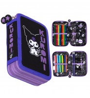 PIÓRNIK szkolny z wyposażeniem PODWÓJNY DWUKOMOROWY KUROMI czarny