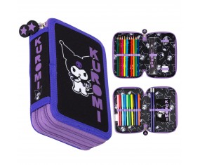 PIÓRNIK szkolny z wyposażeniem PODWÓJNY DWUKOMOROWY KUROMI czarny