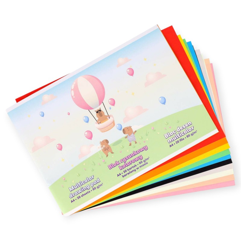 Blok rysunkowy szkolny A4 Strigo 20 kartek barwiony w masie KAPIBARA balon 80g