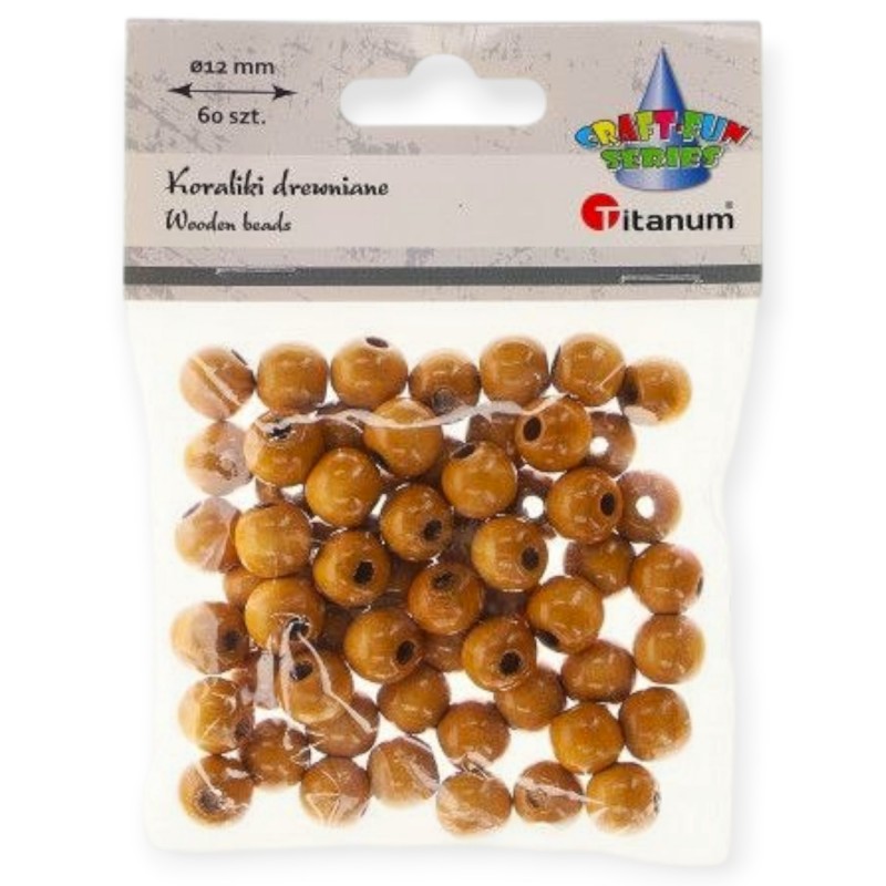 Koraliki drewniane JASNOBRĄZOWE Titanum 12 mm 60 sztuk okrągłe lakierowane