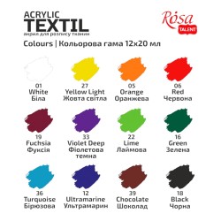 Zestaw FARBY DO TKANIN akrylowe farby 12 kolorów 20ml ROSA STYLE