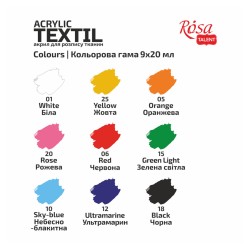 Zestaw FARBY do TKANIN aktylowe 9 kolorów 20ml  Rosa TALENT