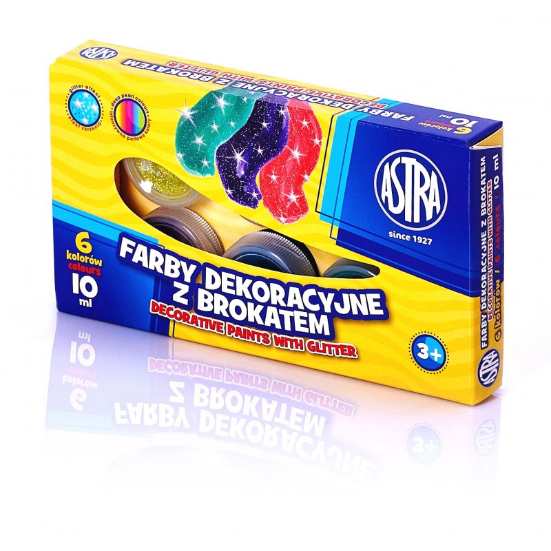 Farby dekoracyjne z brokatem 6 kolorów - 10 ml, ASTRA