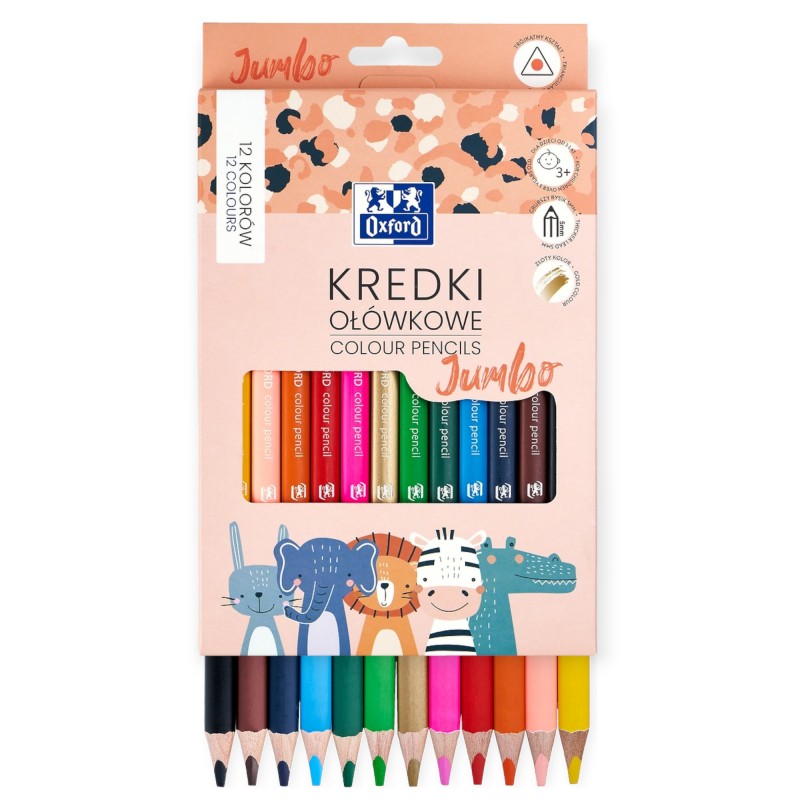 Kredki ołówkowe OXFORD Kids Jumbo GRUBE 12 kolorów trójkątne dla dzieci