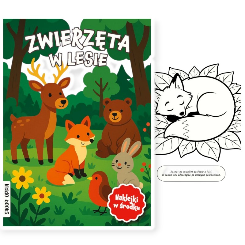 Zwierzęta w LESIE książka edukacyjna KOLOROWANKA z NAKLEJKAMI dla dzieci