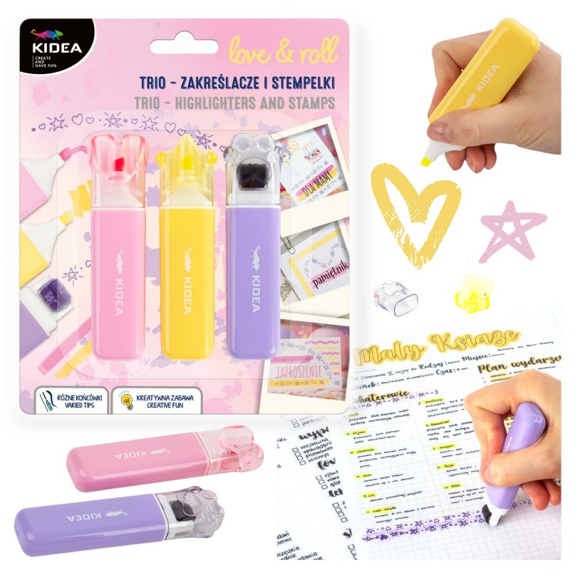 ZESTAW zakreślaczy 2 kolory i roller STEMPEL Trio love&roll szkolne
