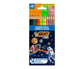 Kredki ołówkowe szkolne BIC Kids Cosmo Smooth 12 kolorów neon metaliczne