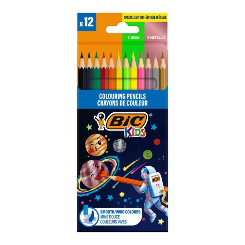 Kredki ołówkowe szkolne BIC Kids Cosmo Smooth 12 kolorów neon metaliczne