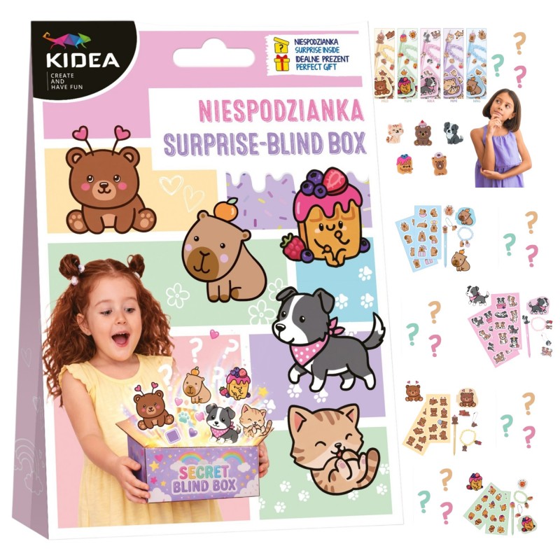 Pudełko niespodzianka długopis notes naklejki gumka bransoleta Kidea Blind BOX KIDEA